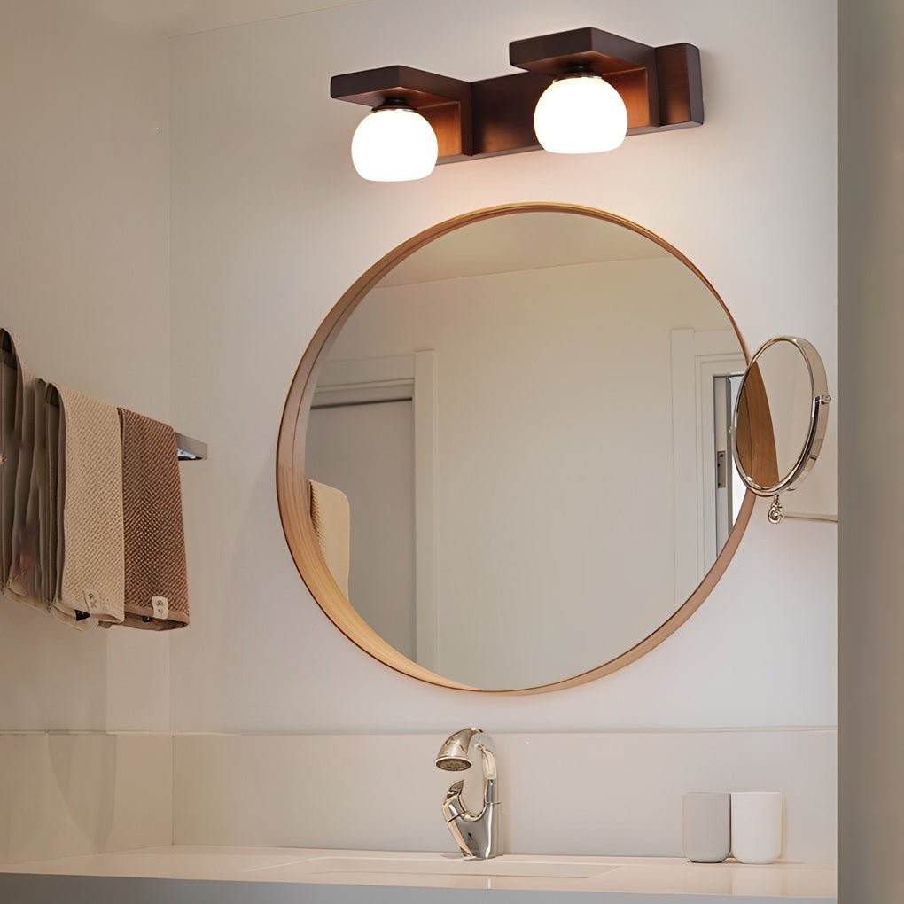 2/3-Light Wood Bathroom Vanity Light | Adjustable Iron Spotlight & Fixed Glass Shades