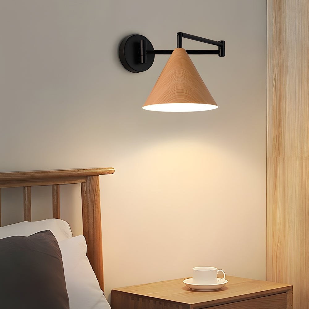 1-Light Wood Wall Mount Light | Cone Shaped Swing Arm Wall Sconces