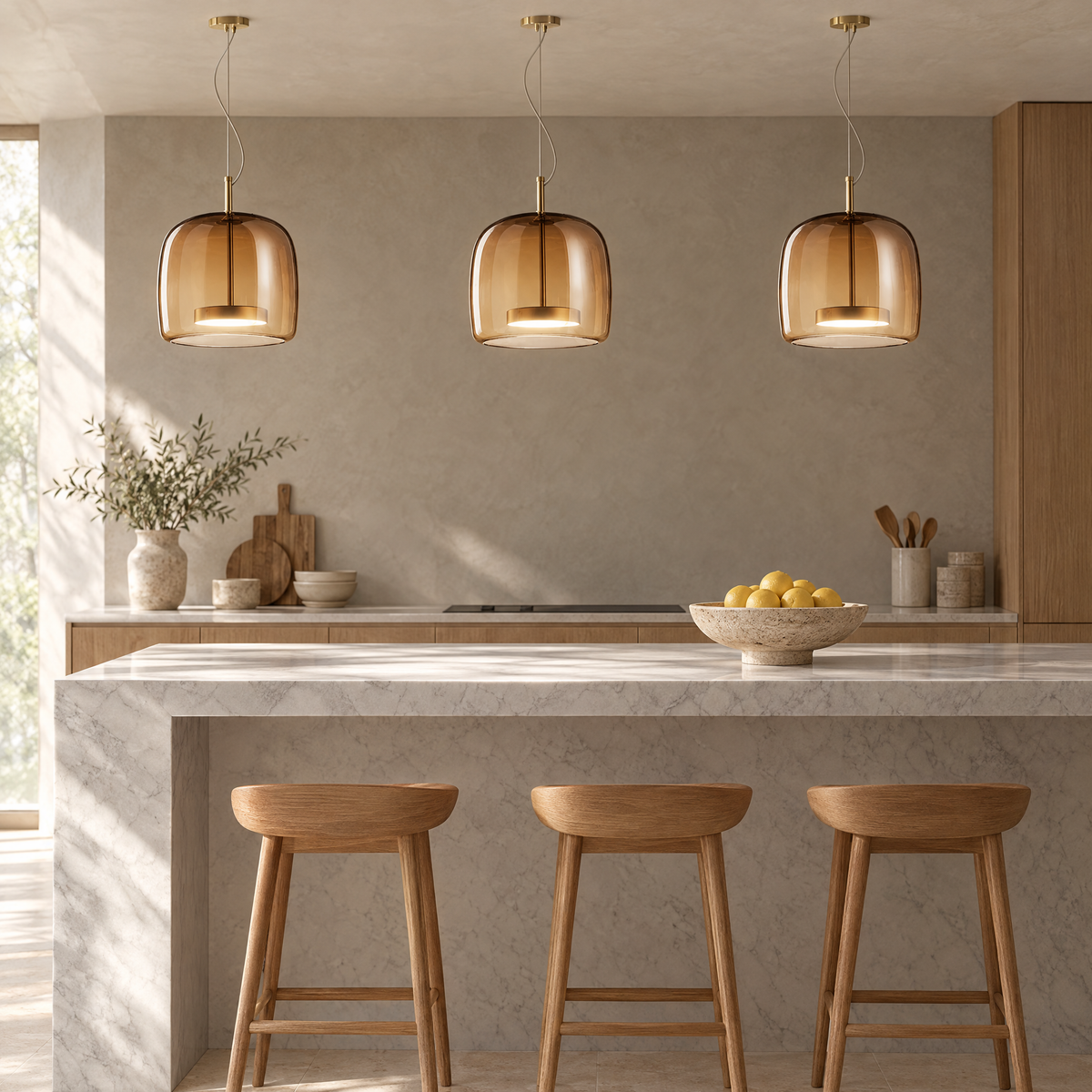 Pendant Lights - Three Amber Tinted Glass Pendant Lights above a kitchen island