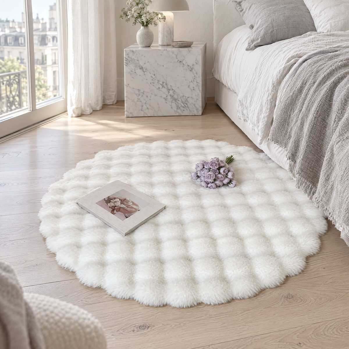 Rugs & Mats - Round White Faux Fur Rug on a pale oak floor