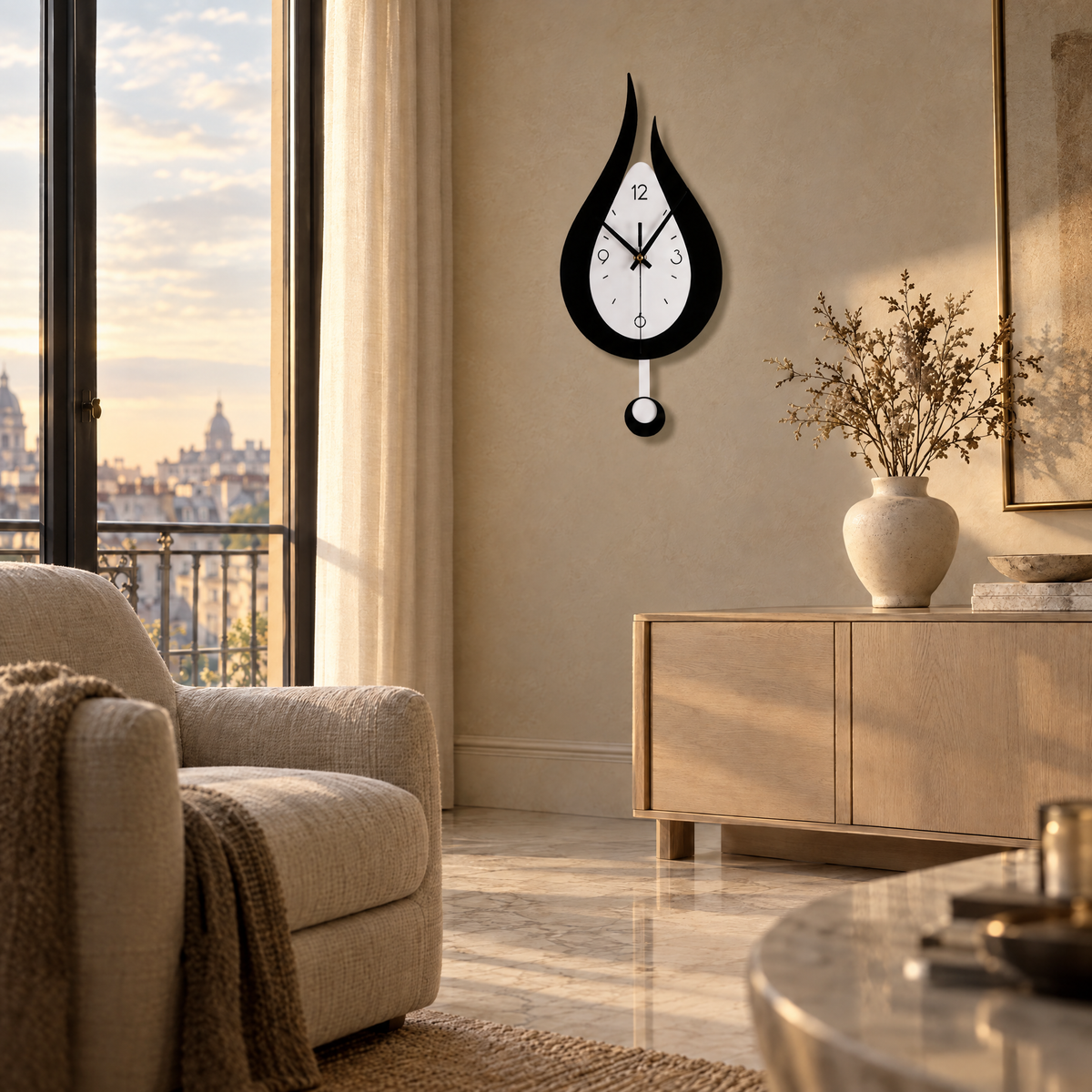 Decor - Teardrop Pendulum Wall Clock above a pale oak sideboard