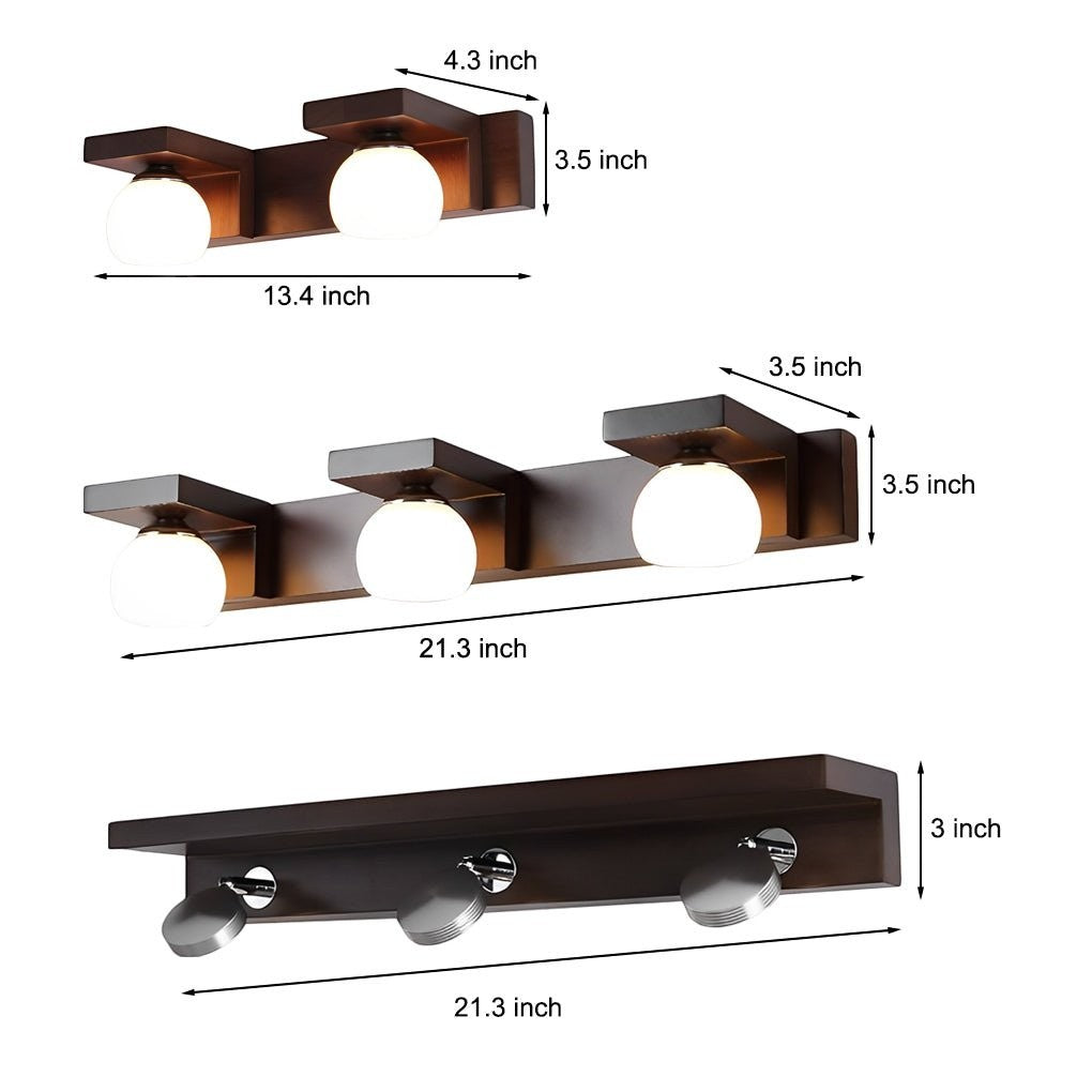 2/3-Light Wood Bathroom Vanity Light | Adjustable Iron Spotlight & Fixed Glass Shades