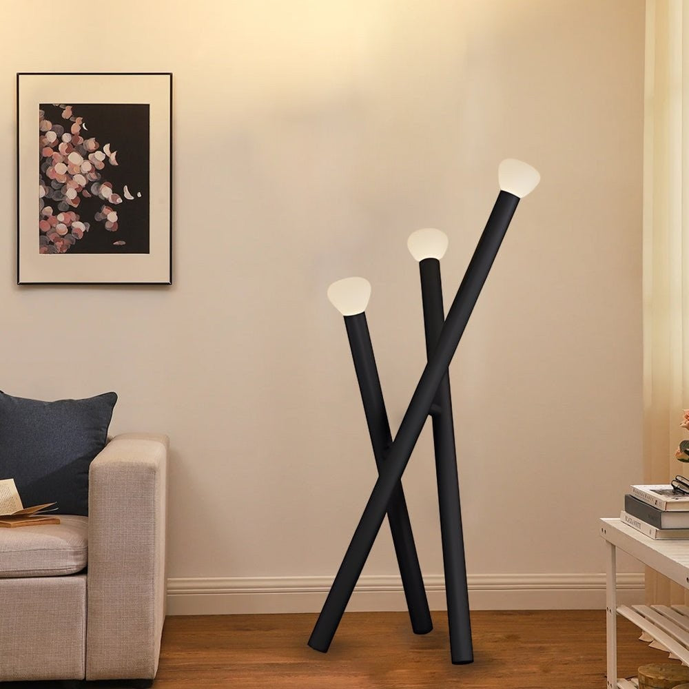 3-Light Crossed Black Stick LED Floor Lamp | Minimalist Architectural