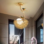 Gold Bird Nest Ceiling Light - Single Nest Light by Window