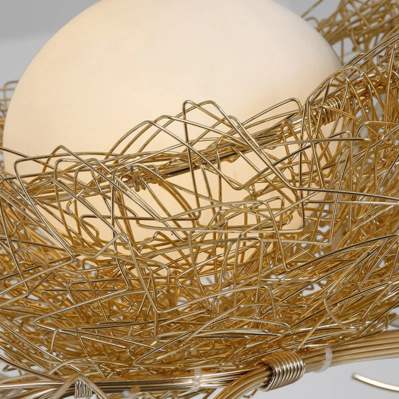 Gold Bird Nest Ceiling Light - Close-Up of Gold Wire Nest and White Shade