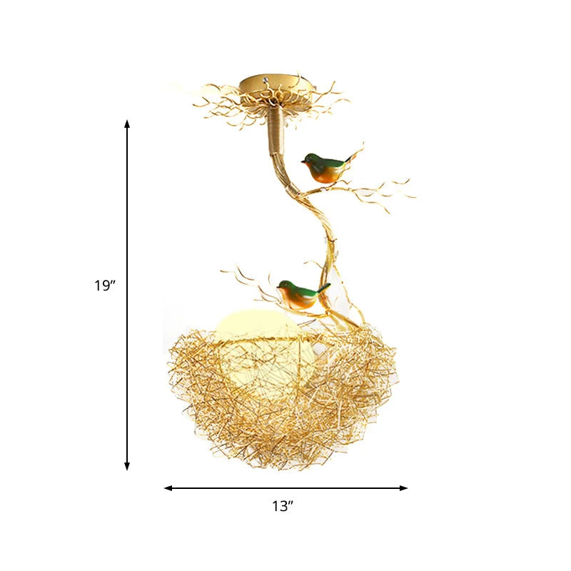 Gold Bird Nest Ceiling Light - Single-Light Version Dimensions, 33cm Wide x 48.3cm High