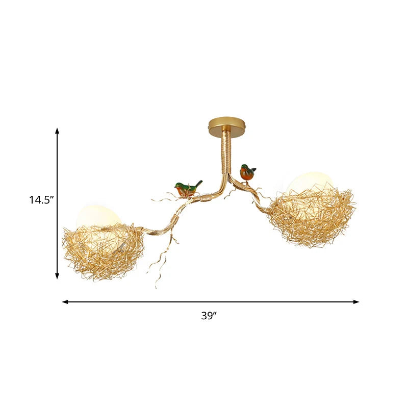 Gold Bird Nest Ceiling Light - Two-Light Version Dimensions, 99cm Wide x 37cm High