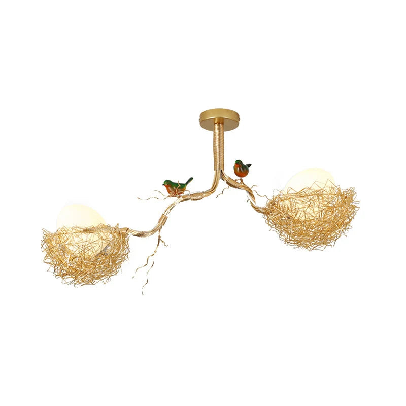 Gold Bird Nest Ceiling Light - Two-Nest Light on White Background