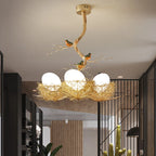 Gold Bird Nest Ceiling Light - Three-Shade Light in Open-Plan Hallway