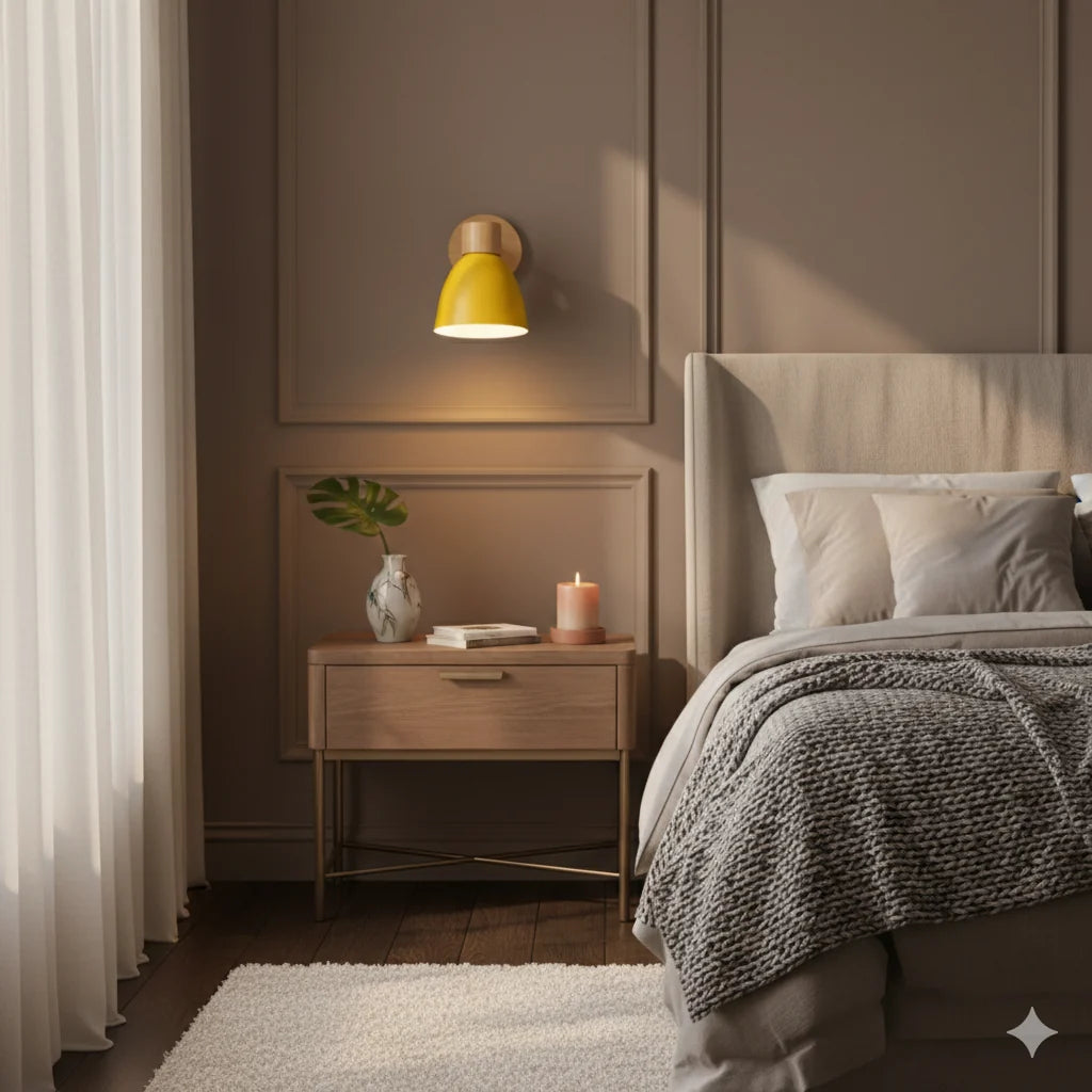 Cone Shade Wall Light - Yellow Shade Above Bedside Table