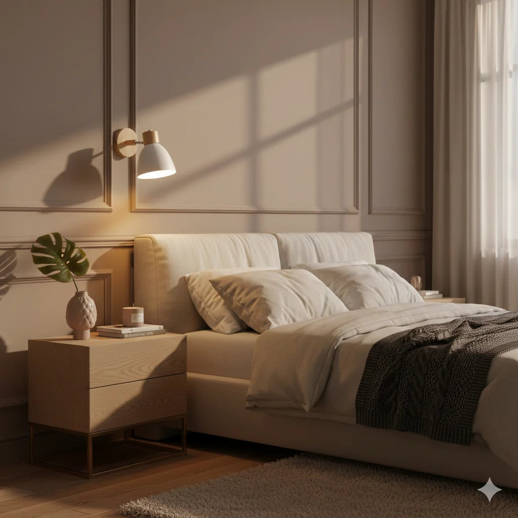 Cone Shade Wall Light - White Shade Above Bed