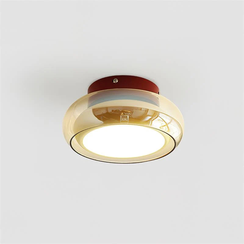 Retro Smoked Glass Flush Ceiling Light - Amber Glass with Red Base, Lit