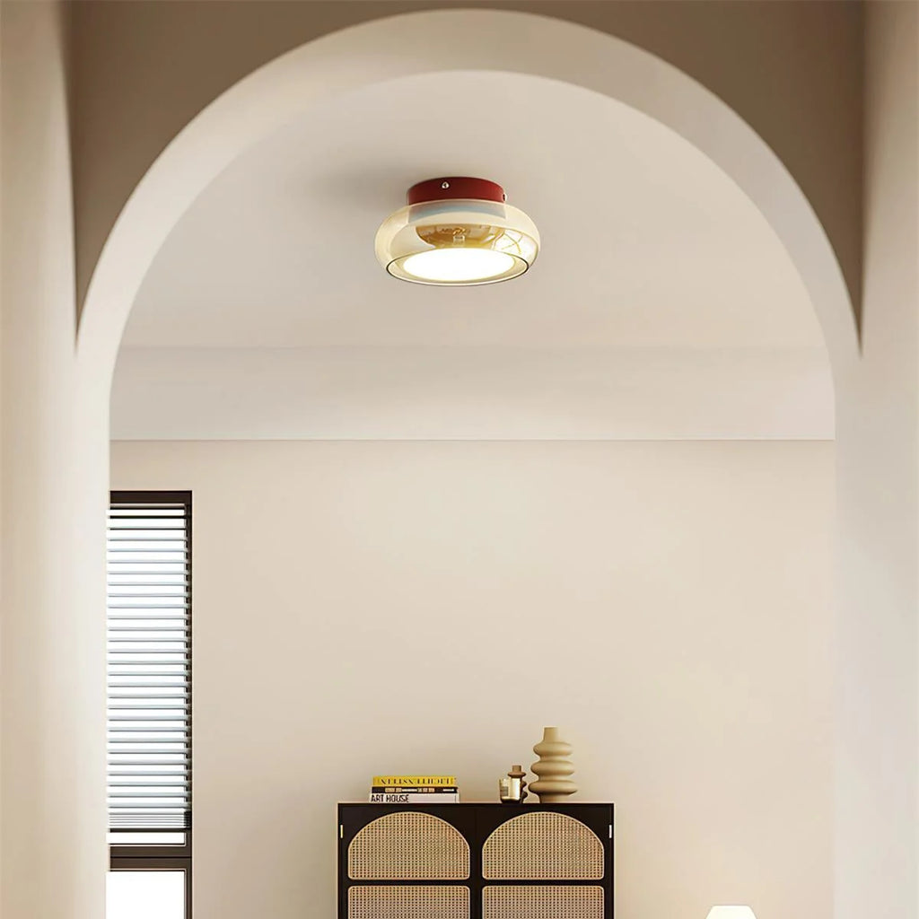 Retro Smoked Glass Flush Ceiling Light - In Bright Room with Arched Doorway