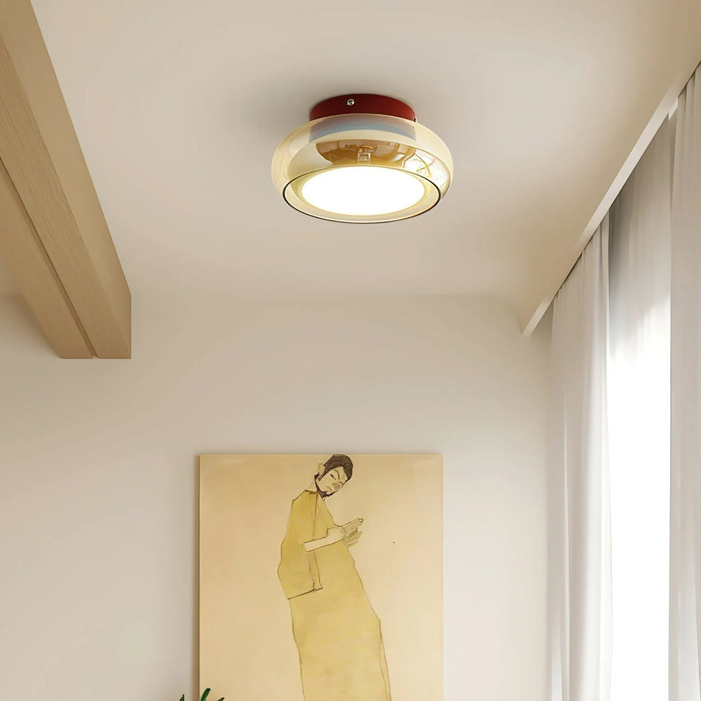 Retro Smoked Glass Flush Ceiling Light - Above Room with Wall Art