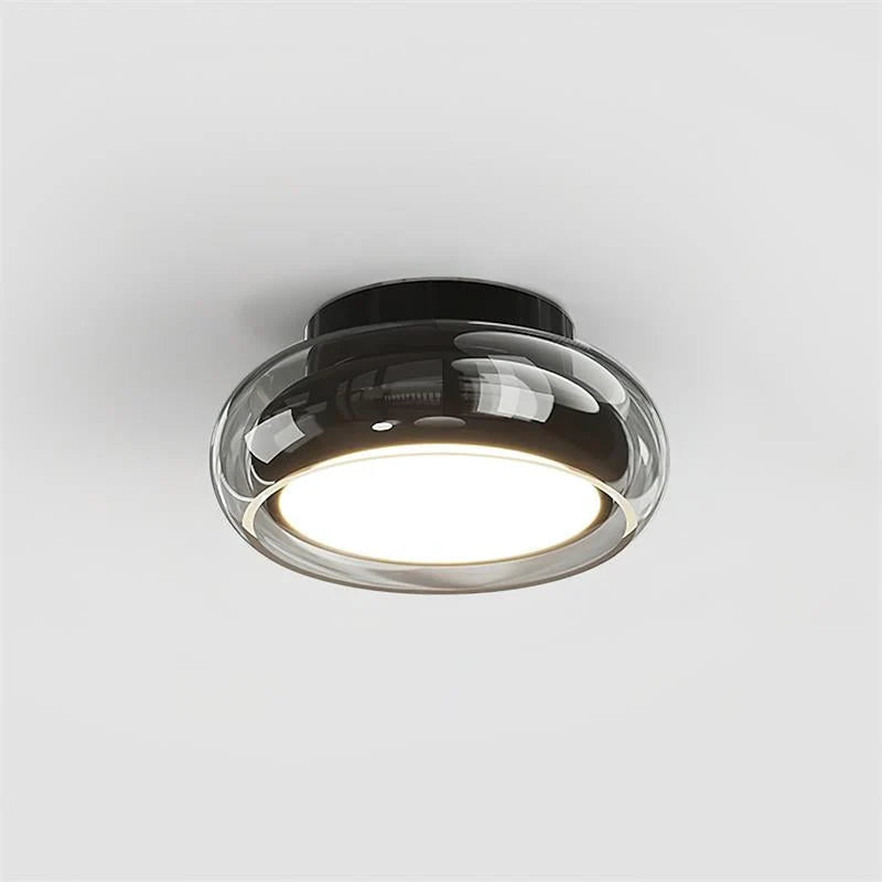 Retro Smoked Glass Flush Ceiling Light - Smoked Glass with Black Base, Lit