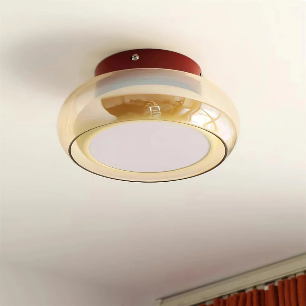 Retro Smoked Glass Flush Ceiling Light - Amber Glass, Unlit Close View