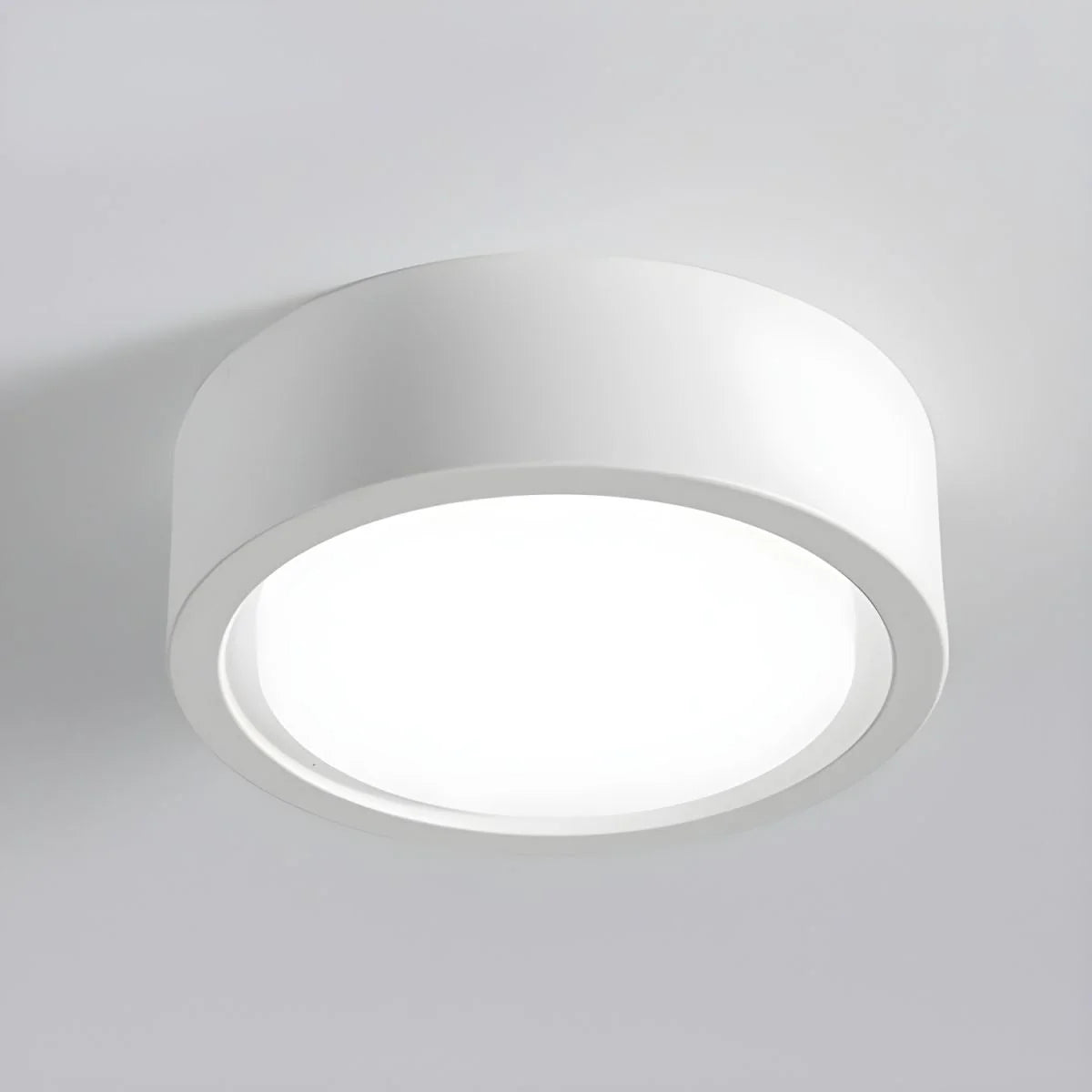Cylinder LED Ceiling Light - White Finish, Lit Close View