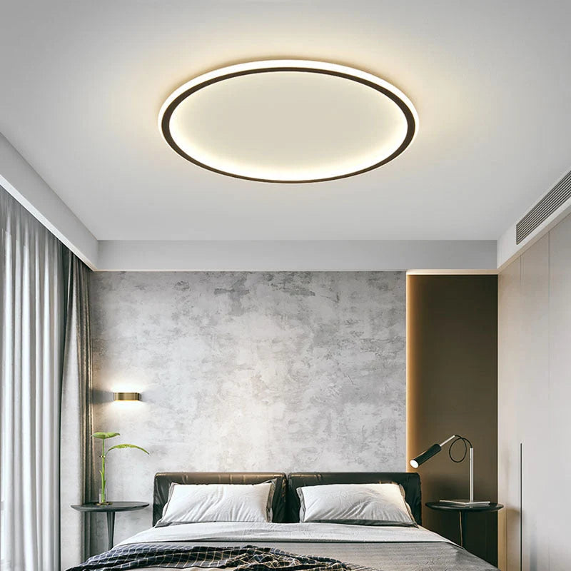 Ring LED Ceiling Light - Black Ring Above Bed in Grey Bedroom