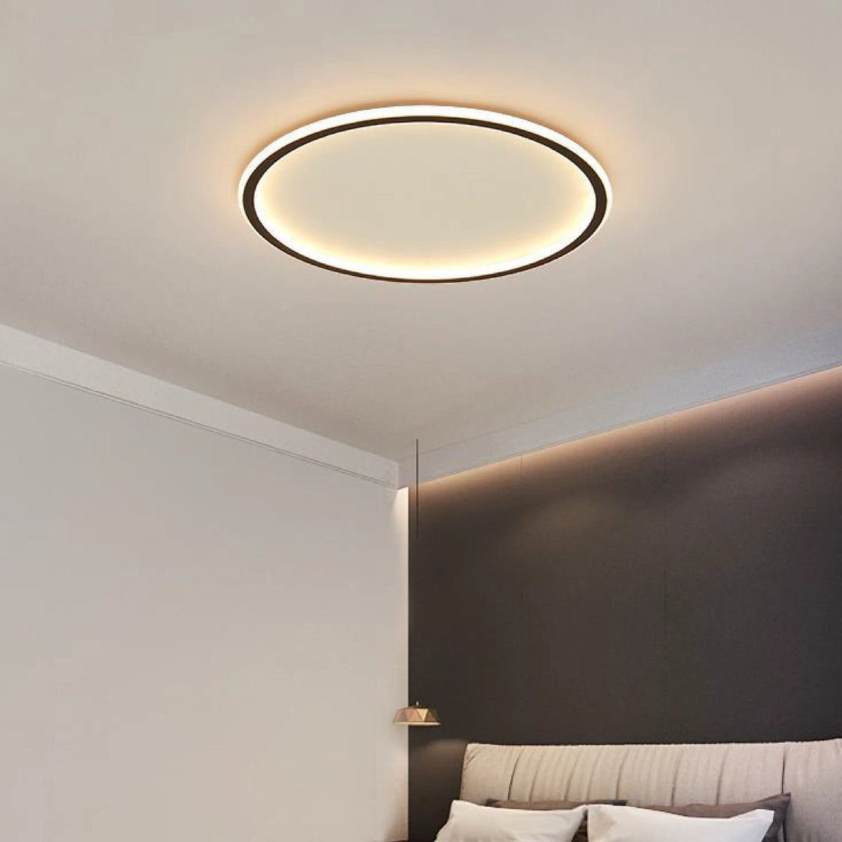 Ring LED Ceiling Light - Black Ring in Bedroom with Dark Feature Wall