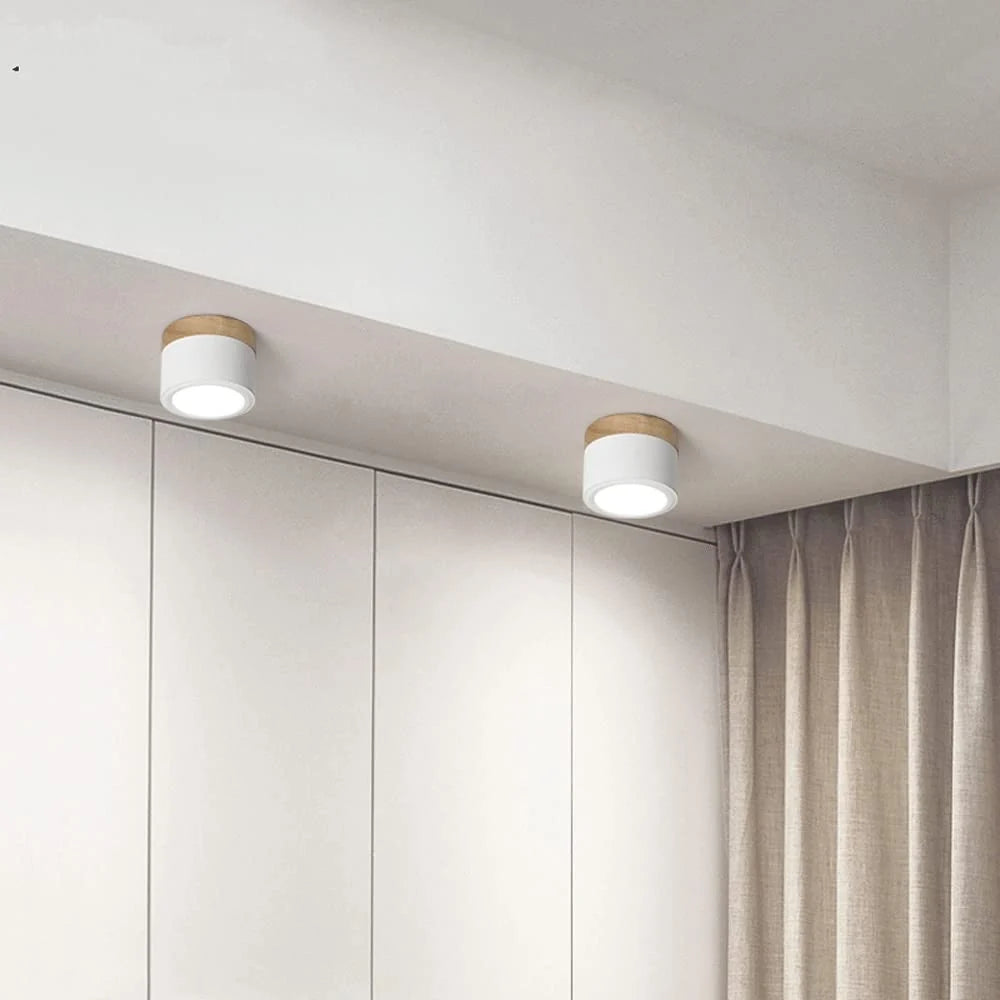 Compact LED Flush Ceiling Light with Wood-Effect Accent - White Finish Pair Above Wardrobe