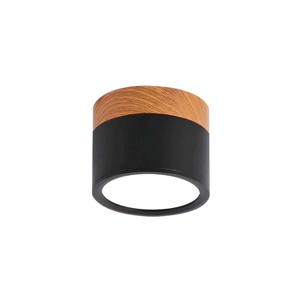 Compact LED Flush Ceiling Light with Wood-Effect Accent - Black Finish on White Background