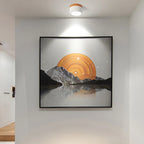 Compact LED Flush Ceiling Light with Wood-Effect Accent - White Finish Above Wall Art