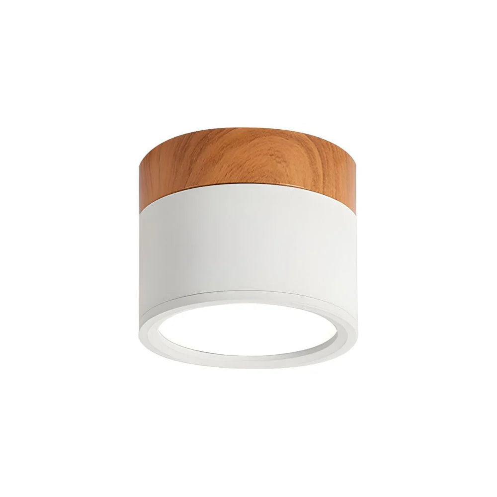 Compact LED Flush Ceiling Light with Wood-Effect Accent - White Finish on White Background