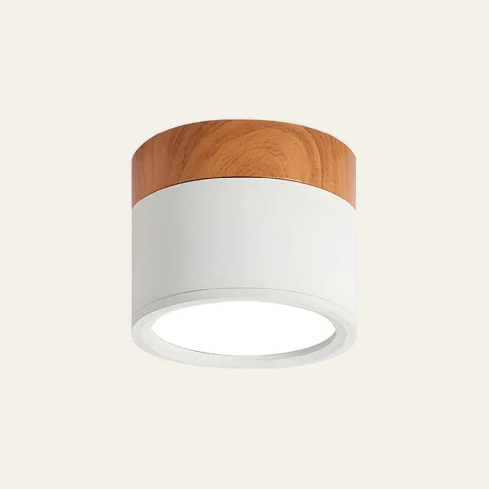 Compact LED Flush Ceiling Light with Wood-Effect Accent - White Finish on Cream Background