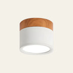 Compact LED Flush Ceiling Light with Wood-Effect Accent - White Finish on Cream Background