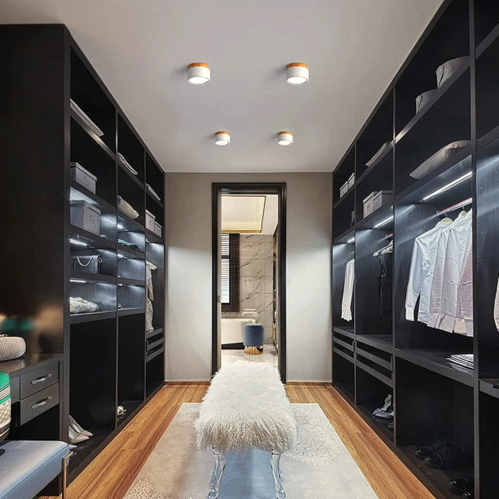 Compact LED Flush Ceiling Light with Wood-Effect Accent - In Walk-In Wardrobe