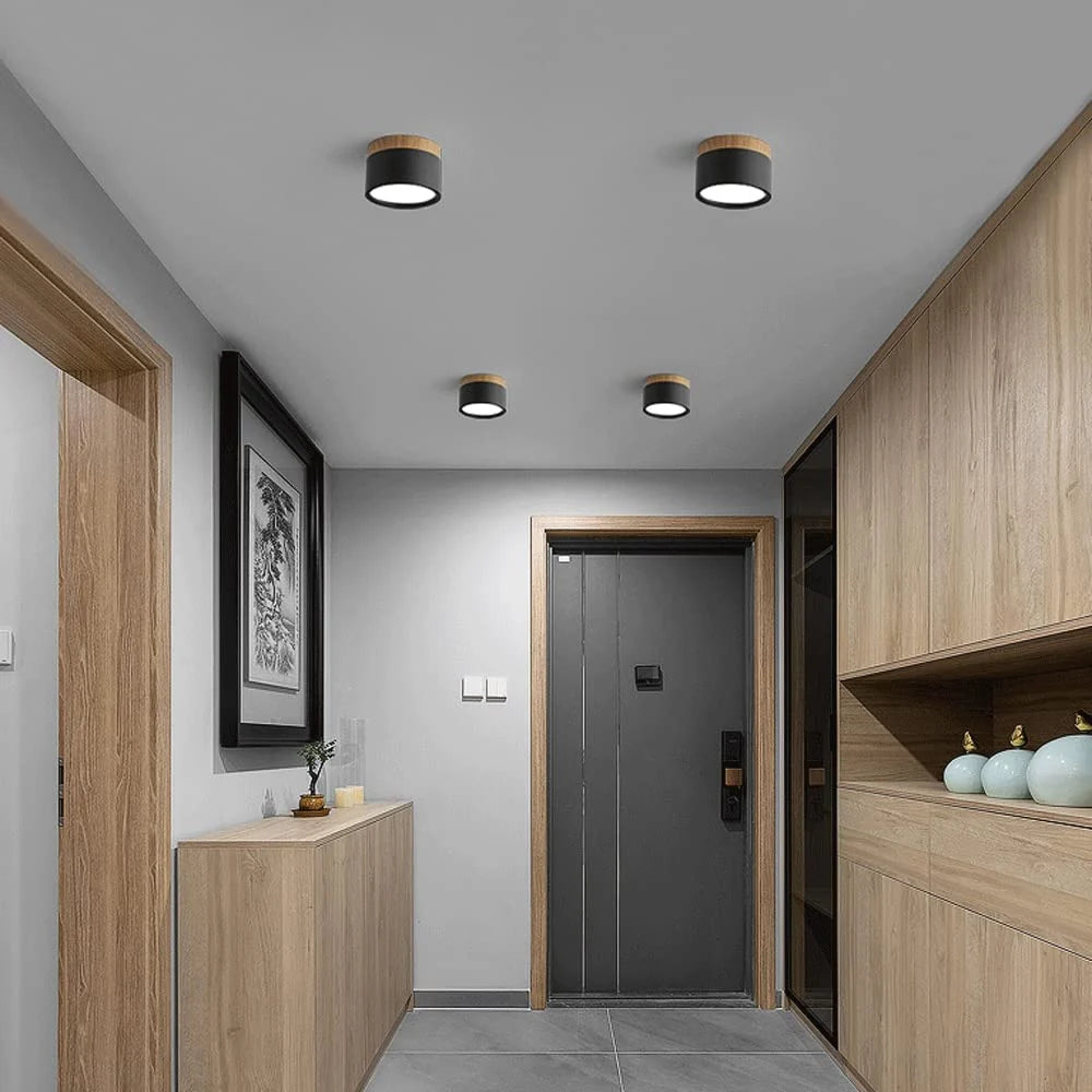 Compact LED Flush Ceiling Light with Wood-Effect Accent - Black Finish in Entrance Hall