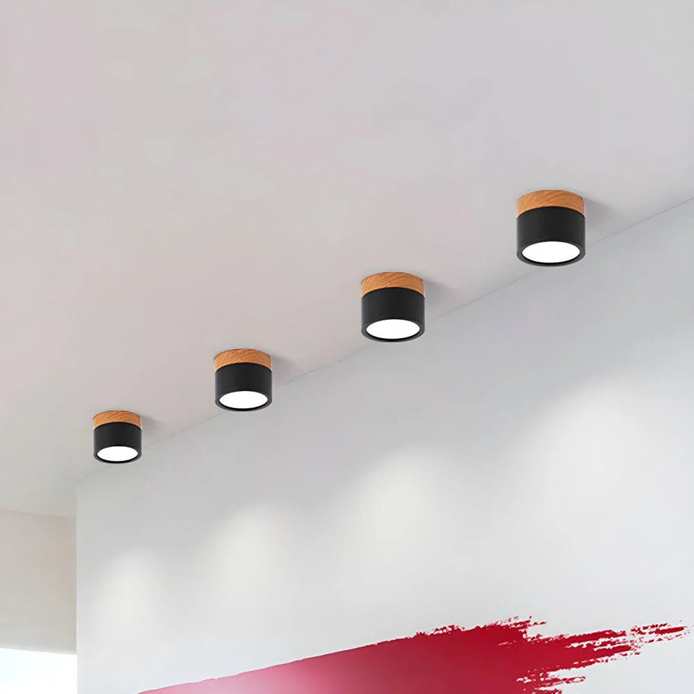 Compact LED Flush Ceiling Light with Wood-Effect Accent - Black Finish Row on Ceiling