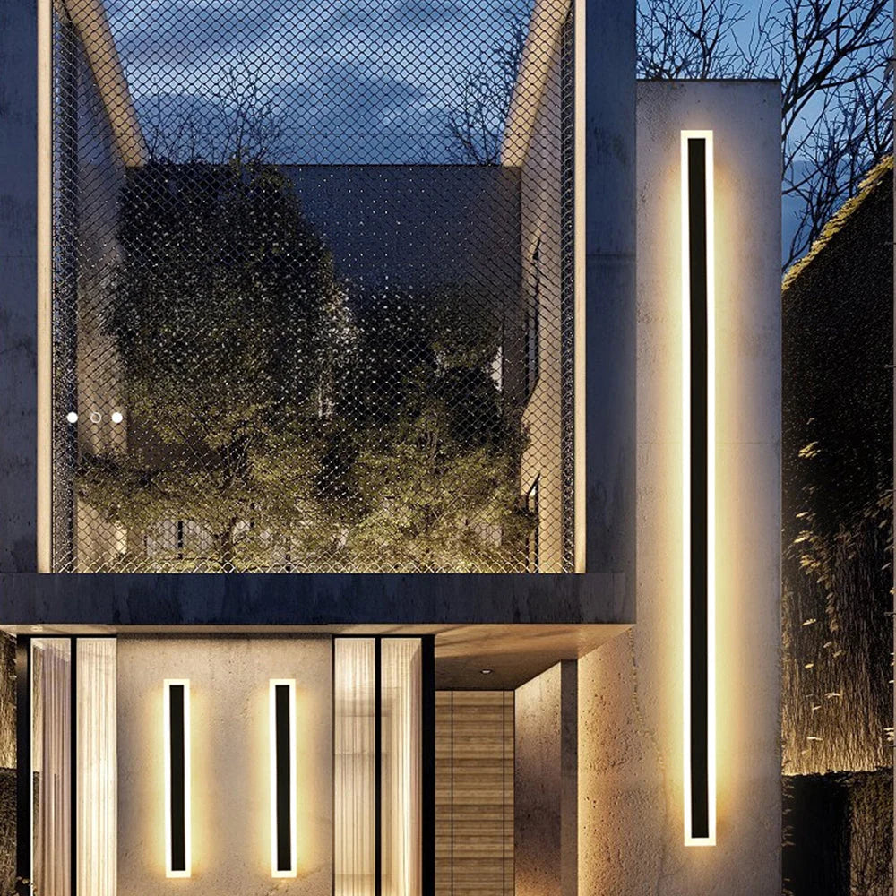 Slim Rectangular Outdoor Wall Light - Several Lights on Modern Exterior at Night