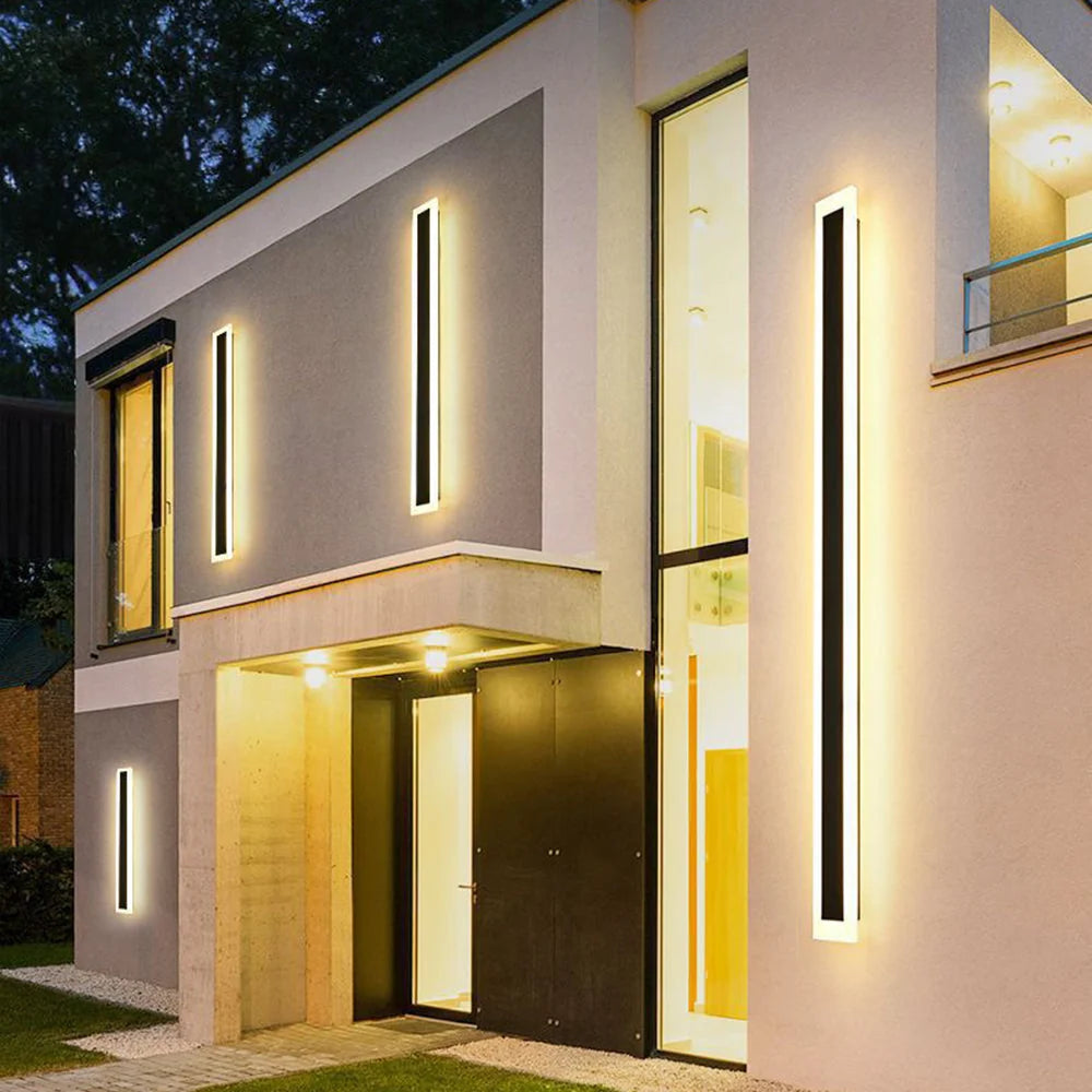 Slim Rectangular Outdoor Wall Light - Several Lights on Modern House Front