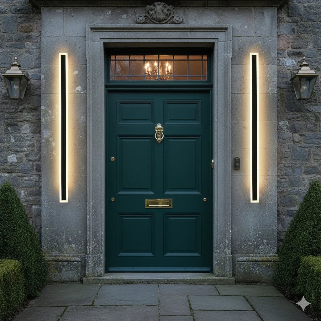 Slim Rectangular Outdoor Wall Light - Pair Either Side of Green Front Door