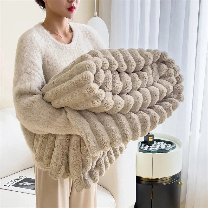 Ribbed Faux Lambswool Throw Blanket - Taupe, Folded in Arms