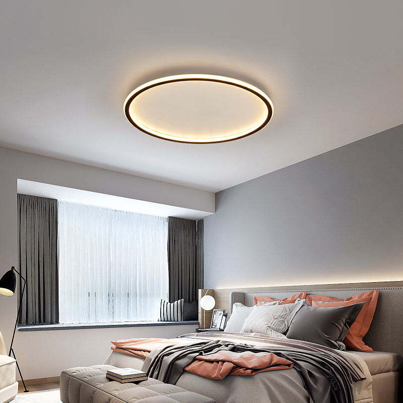 Round LED Flush Ceiling Light - Black Ring in Grey Bedroom