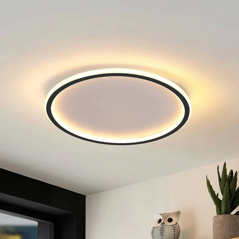 Round LED Flush Ceiling Light - Black Ring, Lit Close View