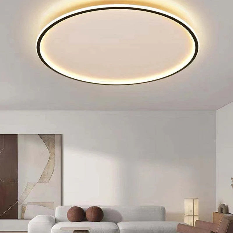 Round LED Flush Ceiling Light - Black Ring Above Living Room