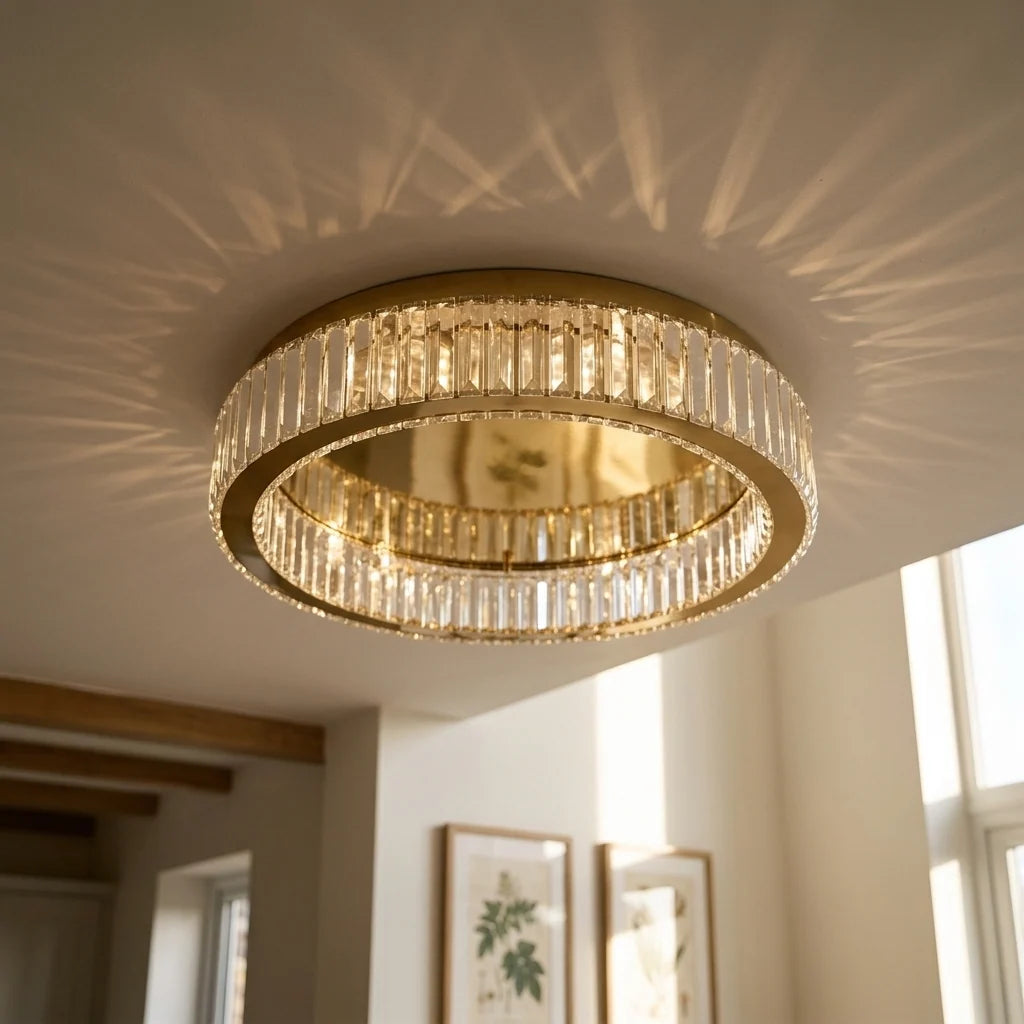 Crystal Ring LED Ceiling Light - Gold Finish with Light Pattern on Ceiling
