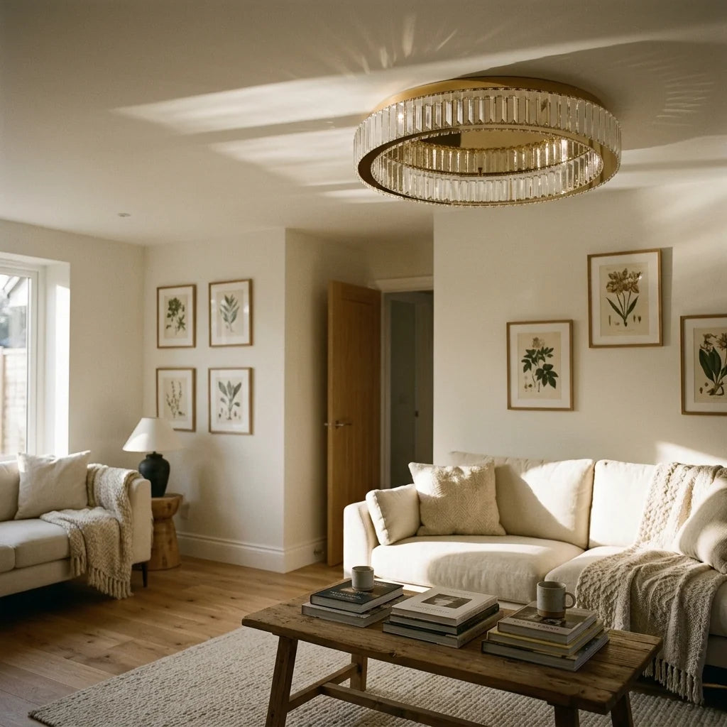 Crystal Ring LED Ceiling Light - Gold Finish Above Living Room