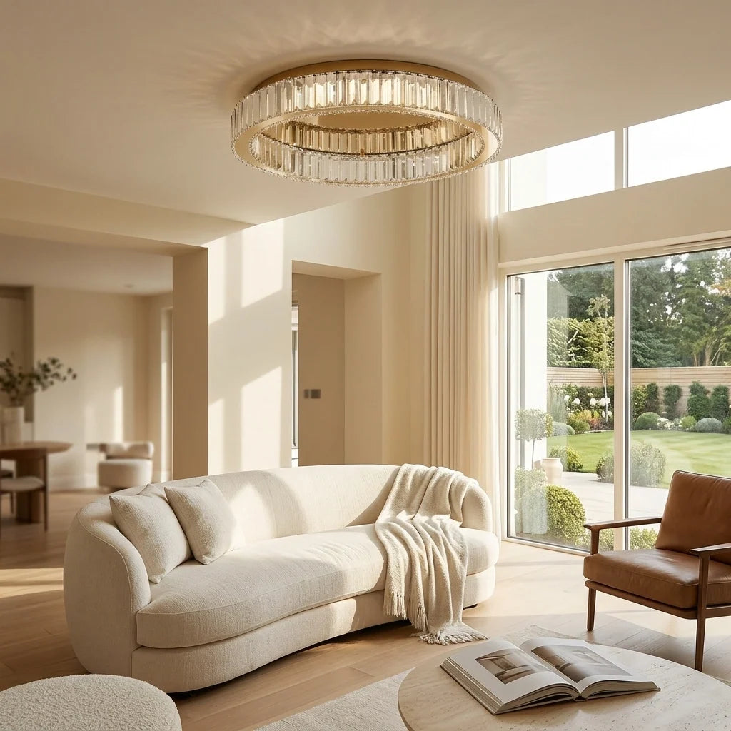 Crystal Ring LED Ceiling Light - Gold Finish in Bright Living Room