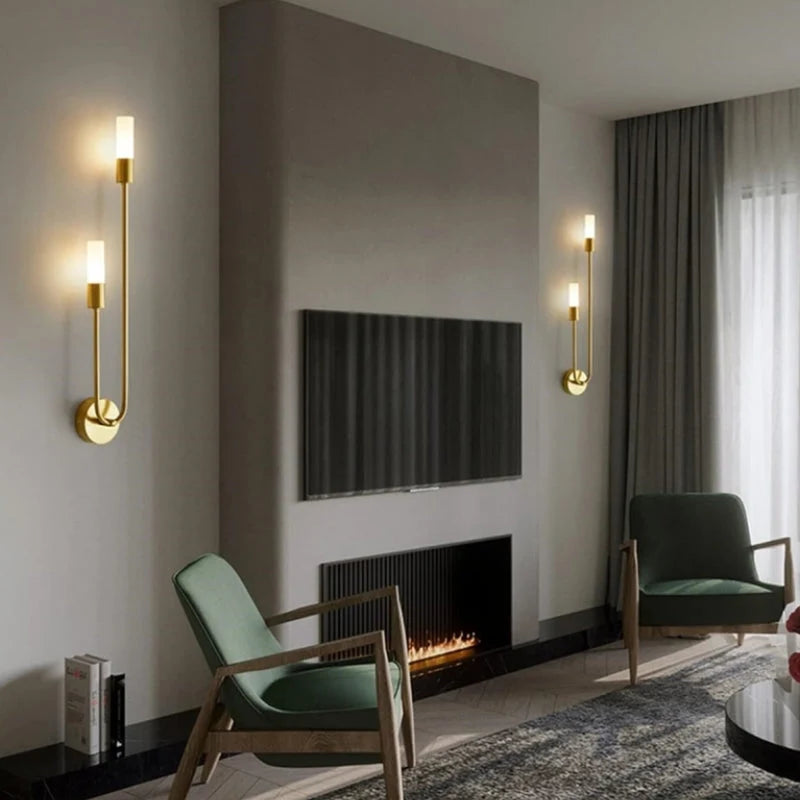 Linear Gold LED Wall Sconce - Pair in Living Room Either Side of Fireplace