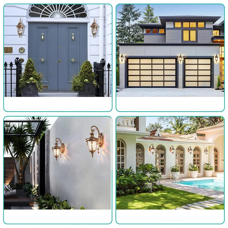 Vintage Outdoor Wall Lantern with Scroll Arm - Shown on Different Home Exteriors