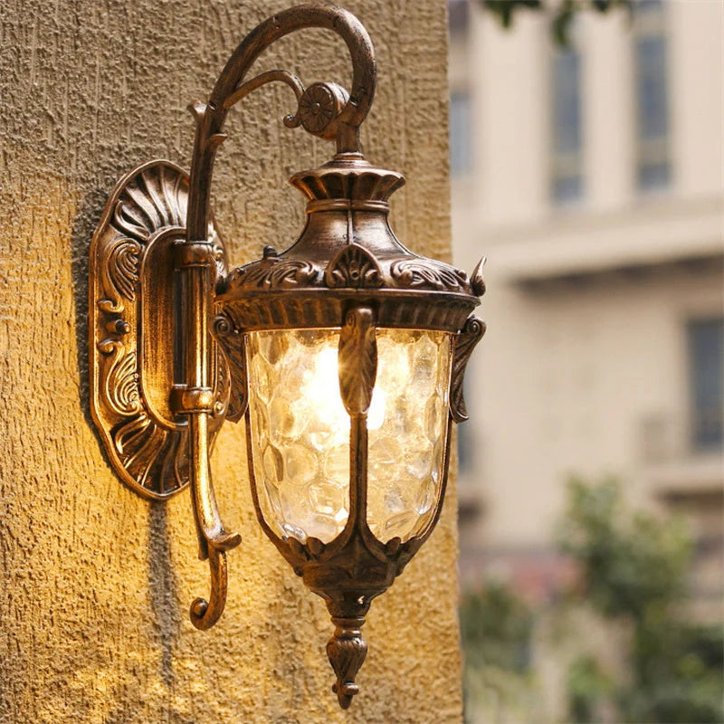 Vintage Outdoor Wall Lantern with Scroll Arm - Bronze Finish, Lit