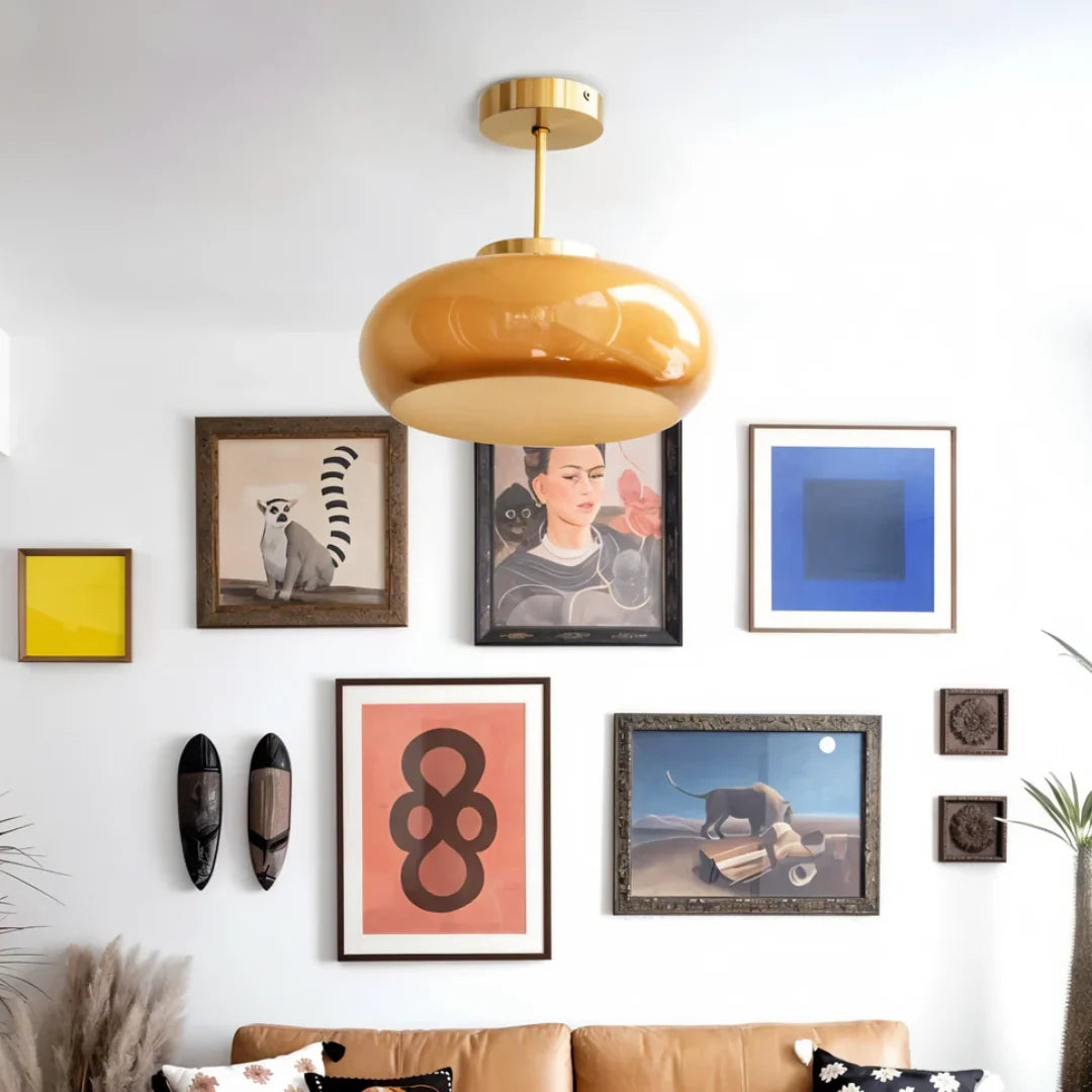Rounded Glass Ceiling Light - Amber Glass Above Gallery Wall
