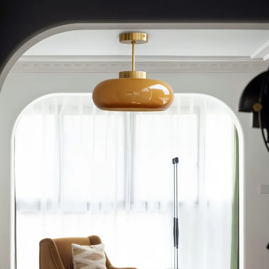 Rounded Glass Ceiling Light - Amber Glass in Arched Doorway