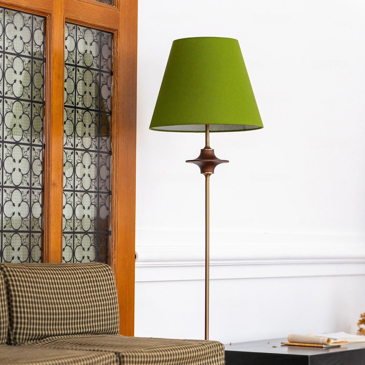 Ash Wood Turned Saucer Spindle Floor Lamp | Dark Walnut Mid-Century