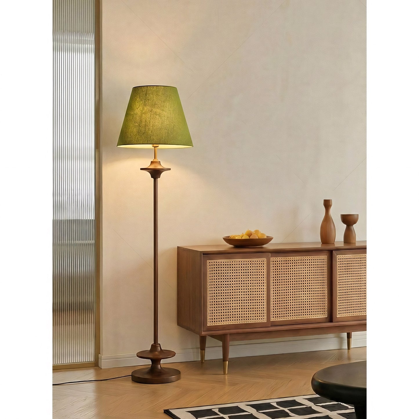Ash Wood Turned Saucer Spindle Floor Lamp | Dark Walnut Mid-Century