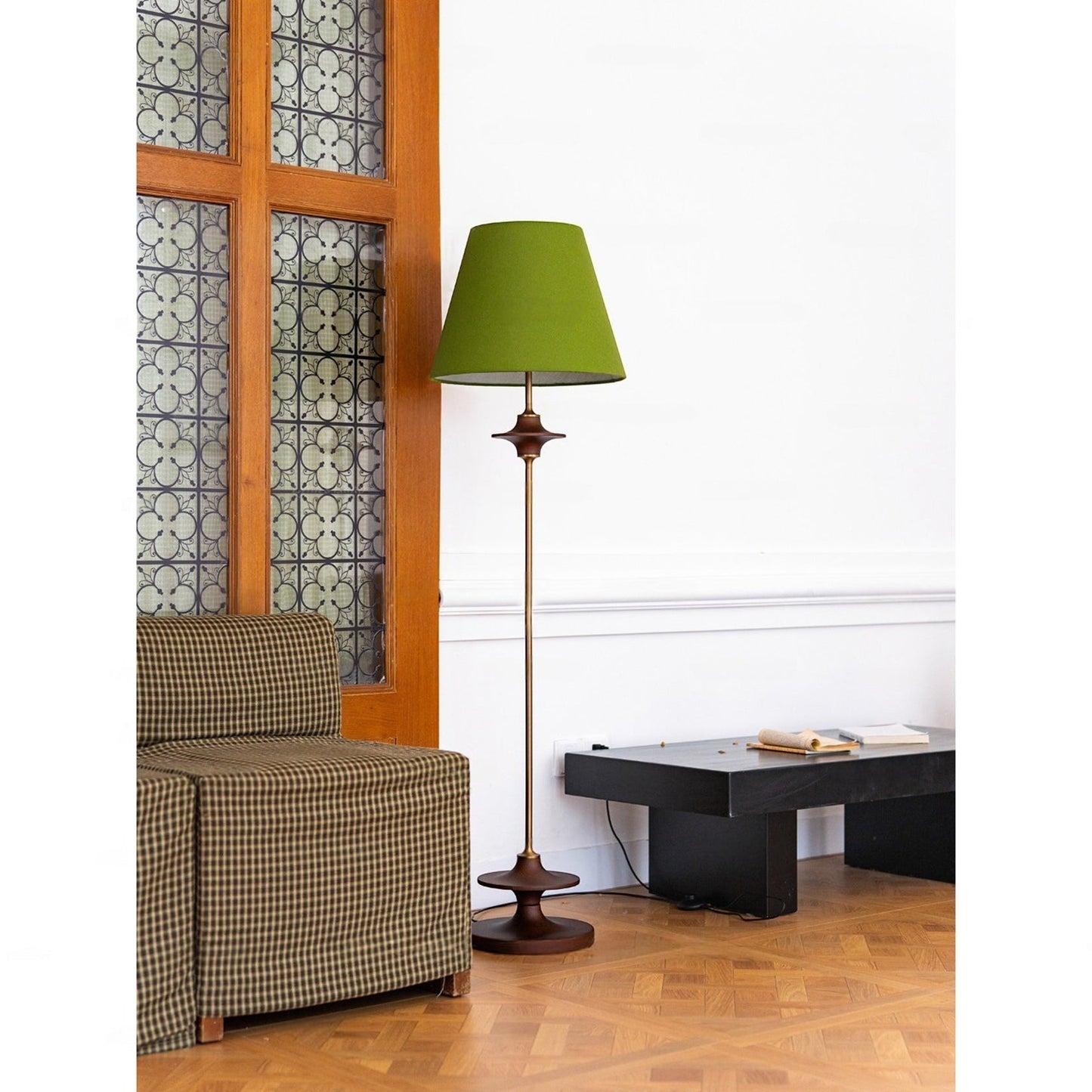 Ash Wood Turned Saucer Spindle Floor Lamp | Dark Walnut Mid-Century